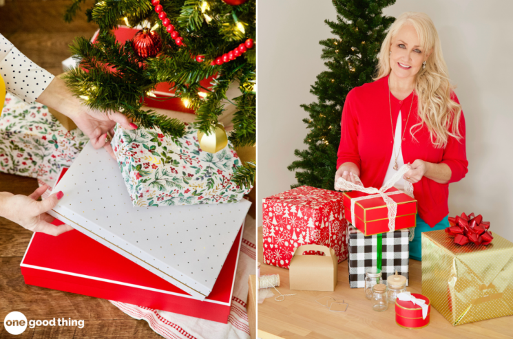 In the first image, a person is wrapping gifts—some of their favorite things—under a beautifully decorated Christmas tree. In the second image, they proudly display these wrapped treasures beside the glowing tree.