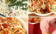 A collage of four images shows the process of making a pull-apart bread in a bundt pan, filled with cheese, herbs, and pepperoni. Accompanied by a side of marinara sauce for dipping, this delightful creation is perfect for sharing.