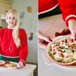 A person in a red sweater presents a platter featuring Miss Mouth's bowl of dip, artfully decorated with red and green sprinkles, surrounded by strawberries, apple slices, and cookies.