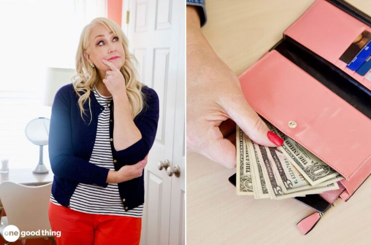 A woman stands thoughtfully in a striped shirt and red pants, contemplating the 30/30 spending rule, next to an image of a hand holding a pink wallet brimming with cash.