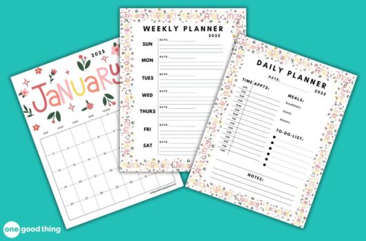 Three 2025 planners are available: a floral-themed, printable January calendar, a weekly planner, and a daily planner with sections for time appointments, meals, to-do lists, and notes.