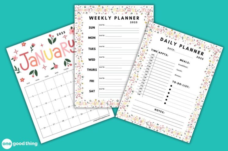 Three 2025 planners are available: a floral-themed, printable January calendar, a weekly planner, and a daily planner with sections for time appointments, meals, to-do lists, and notes.