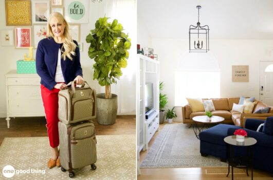 A person stands with a suitcase in a bright room next to a wall adorned with decor, contemplating the unspoken rules for houseguests. Adjacent is a cozy living room featuring a sofa, coffee table, and an inviting overhead light fixture.