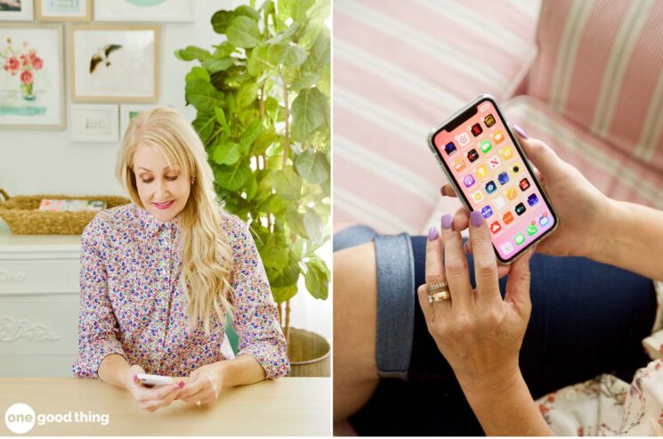 A woman immersed in the 90/90 method sits indoors, her hands skillfully navigating through various app icons on her smartphone in a focused close-up.