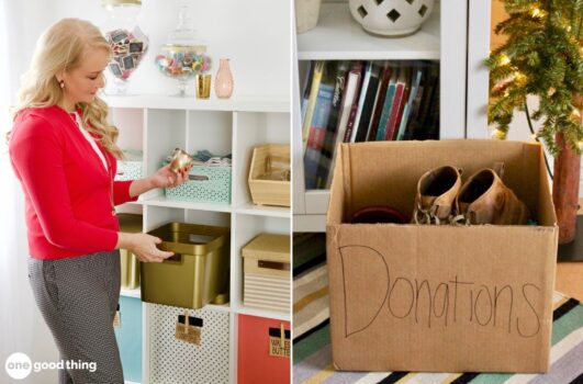 A woman meticulously organizes items into storage bins on a shelf, while a cardboard box labeled "Donations" sits nearby, its contents including potentially valuable shoes.