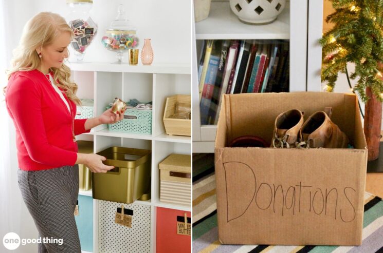 A woman meticulously organizes items into storage bins on a shelf, while a cardboard box labeled "Donations" sits nearby, its contents including potentially valuable shoes.