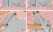 Step-by-step guide to fold a T-shirt: 1) Lay shirt flat, 2) Identify A, B, C points, 3) Pinch A and B, 4) Cross B over C, 5) Unfold neatly, 6) Fold sides in. Soft pink background visible.