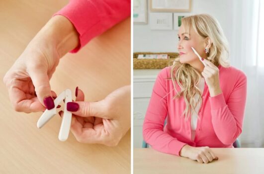Two images: Left shows hands with long nails holding hair clips; right captures a person in a pink cardigan using this simple tool, perhaps to eliminate aging signs, as they sit at a table.