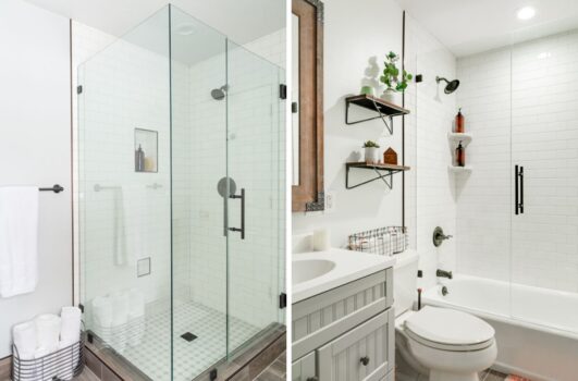 Side-by-side images of a bathroom: one with a glass shower and the other with a bathtub and shower combination, both featuring white tiles and modern fixtures.