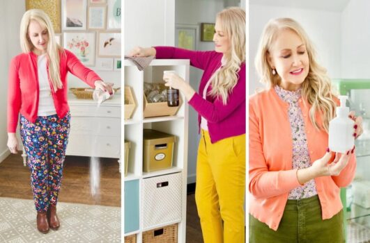Three images depict a woman with long blonde hair performing household chores: cleaning a floor, organizing a storage area, and holding a soap dispenser. She's donned in colorful outfits, showcasing that with just one ingredient, you can stop wasting money on expensive cleaning products.