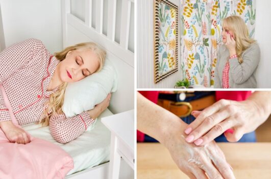 A collage of a woman sleeping in bed, applying cream to her hands for a youthful appearance, and holding a tissue while appearing to have a cold.