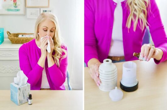 Left image: Person in a pink cardigan using a tissue. Right image: Same person preparing a DIY essential oil diffuser to fall asleep faster.