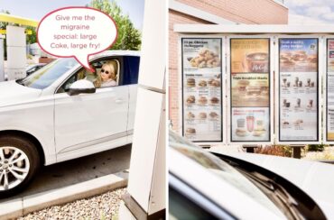 A woman in a white car at a McDonald’s drive-thru says, "Give me the migraine special: large Coke, large fry," while the menu—her go-to headache remedies—is visible ahead.