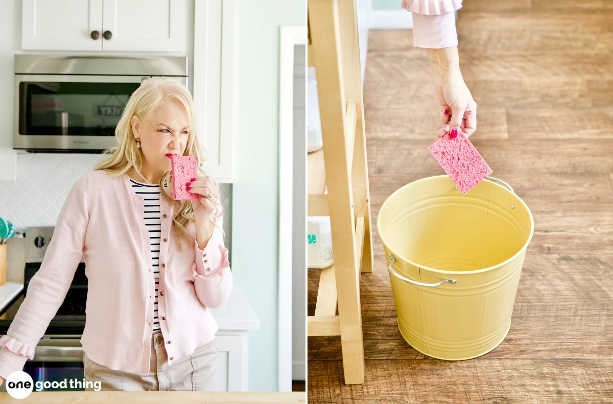 dishwashing hacks_12 A woman smells a pink dishwashing sponge while standing in a kitchen, then holds the sponge above a yellow bucket on a wooden floor.