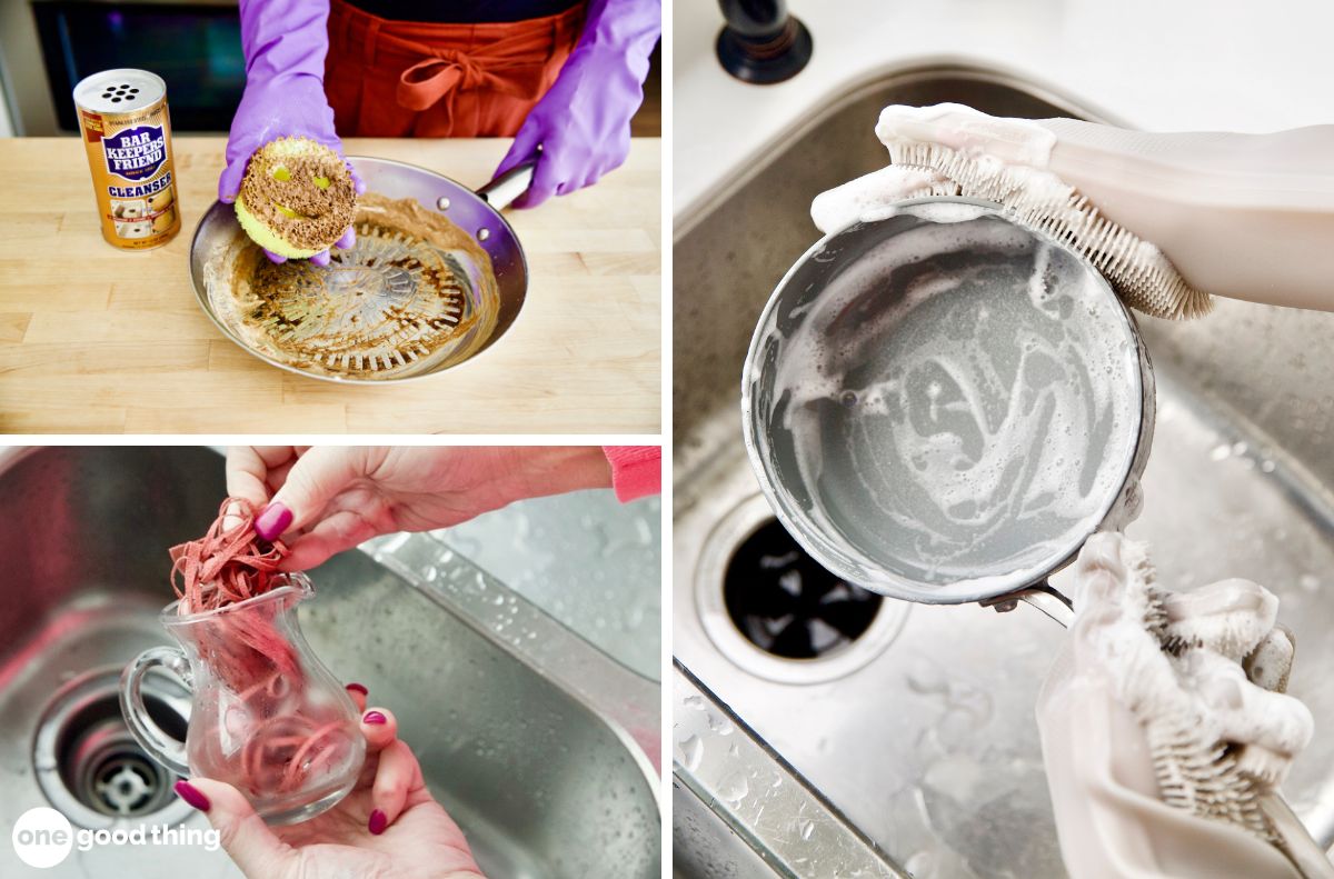 dishwashing hacks_10 Top left: Person scrubbing a dirty pan with dishwashing cleanser. Top right: Washing a soapy pan in the sink. Bottom left: Rinsing out a pink cleaning cloth under running water.