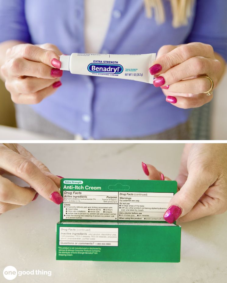 A person with pink nails holds a tube of Benadryl anti-itch cream, ideal for soothing mosquito bites; another image shows hands holding its packaging with the drug facts visible.