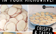 Collage showing sliced potatoes, potato slices arranged on a plate in a microwave, and a bowl of crispy potato chips with text about how to make potato chips in the microwave.