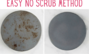 Stove burner covers shown before and after cleaning, with a clear text overlay explaining an easy, no-scrub stove cleaning method.