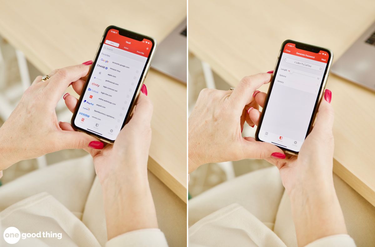 what to do if you're scammed_6 A person with pink nail polish uses a smartphone app showing a list of saved passwords on the left screen and a