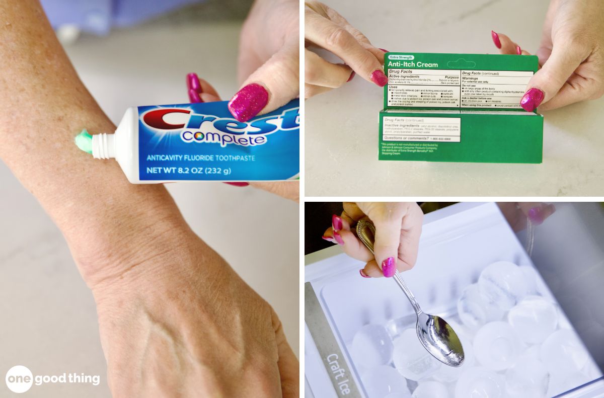 Three images show remedies for itchy skin from mosquito bites: applying toothpaste, reading an anti-itch cream label, and holding a spoon near ice cubes in a freezer drawer.