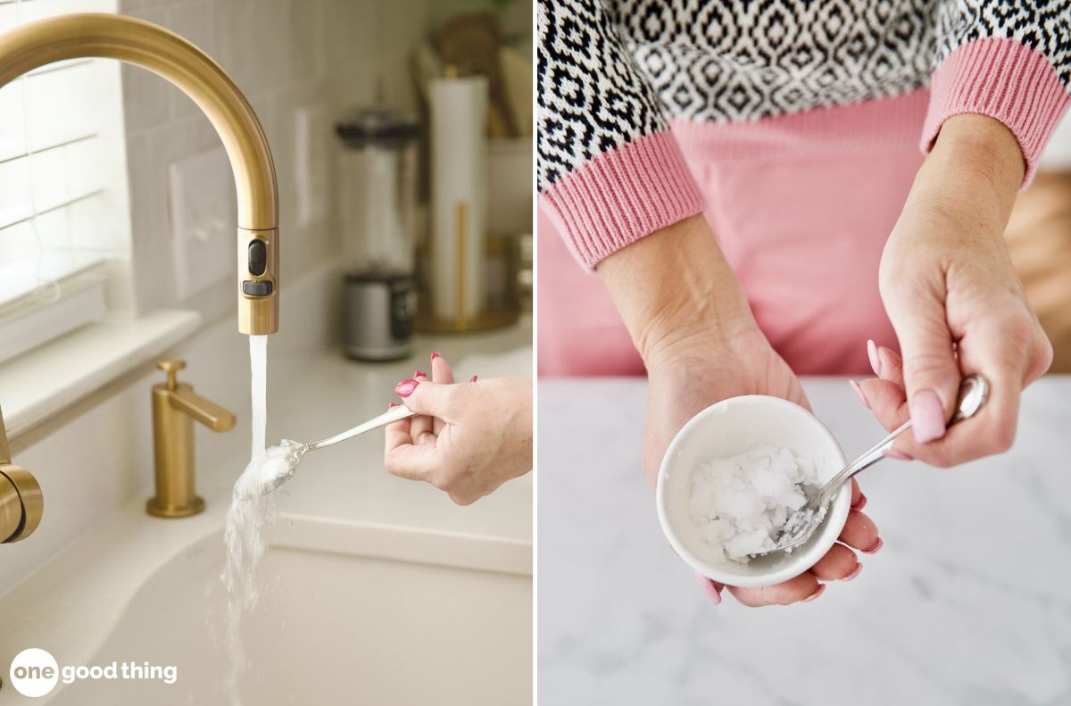 Two images: on the left, a spoon is held under running water from a gold faucet; on the right, a person stirs a remedy for mosquito bites in a small bowl with a spoon.