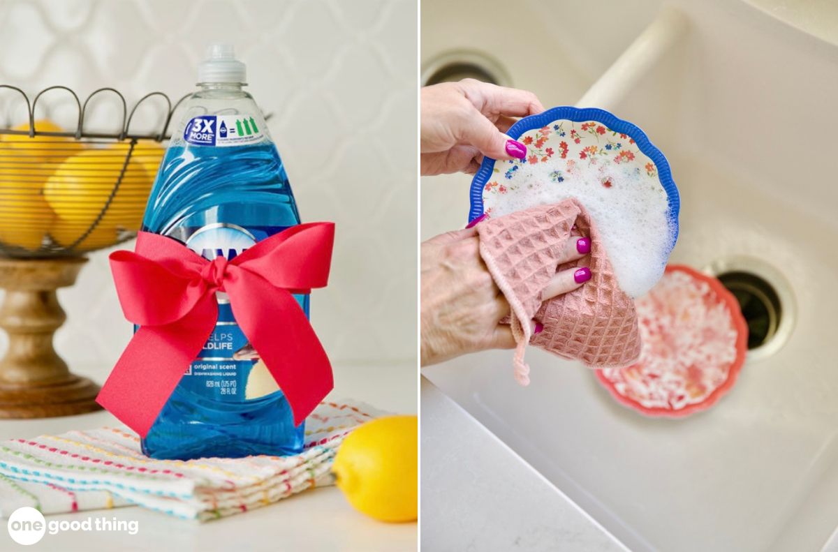 dishwashing hacks_14 A bottle of blue dish soap with a red bow sits by folded cloths and lemons; next to it, hands handle dishwashing with a soapy sponge over a sink.