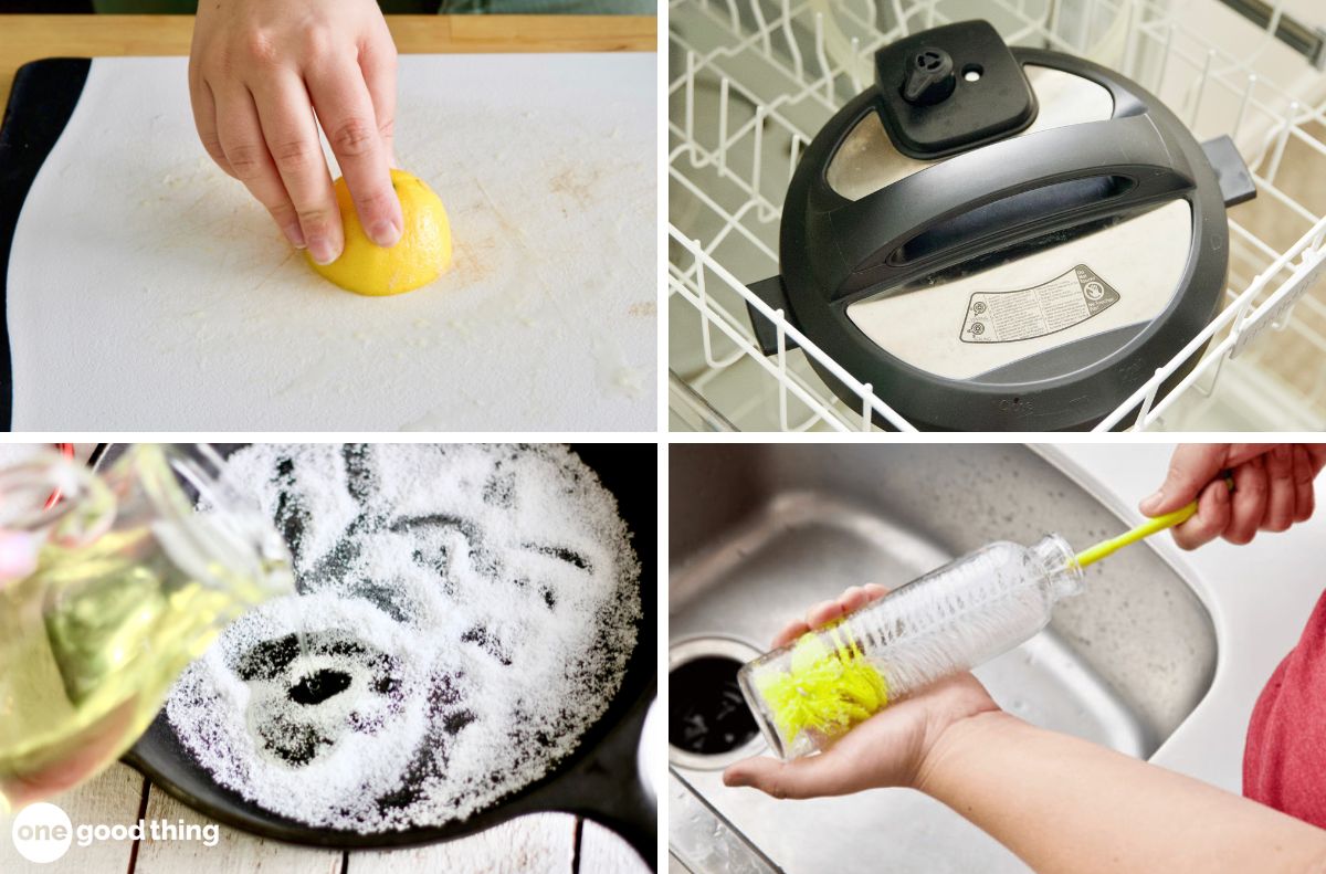 dishwashing hacks_8 A collage of four cleaning tips: rubbing a lemon on a cutting board, placing a pressure cooker lid in the dishwasher for easy dishwashing, pouring oil and salt in a pan, and scrubbing a bottle with a brush.