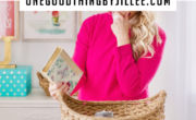 A person in a pink shirt stands before a basket holding a book, with a sign outlining decluttering options: toss, keep, donate, or explore selling items you no longer need.