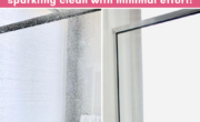 Text overlay on photo of a shower door, half covered with water spots, half clean. Caption reveals an easy spotless shower hack so you can keep your bathroom looking fresh with minimal effort.