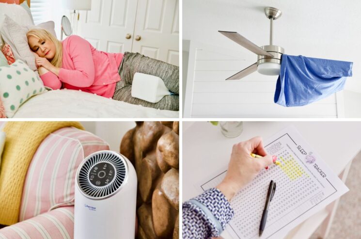 A woman sleeping with a cooling pad, a T-shirt draped on a ceiling fan, an air purifier near a chair, and a person marking a sleep tracker chart—all natural ways to sleep better.
