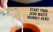 A hand pours milk into a pot of coffee grounds, with text about repurposing expired foods and inspiring your zero waste journey.