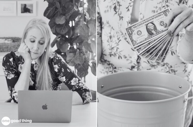 A woman sits at a desk using a laptop and appears thoughtful; next to her, a hand places several dollar bills into a bucket, hinting at the unsettling realization that you've been scammed.