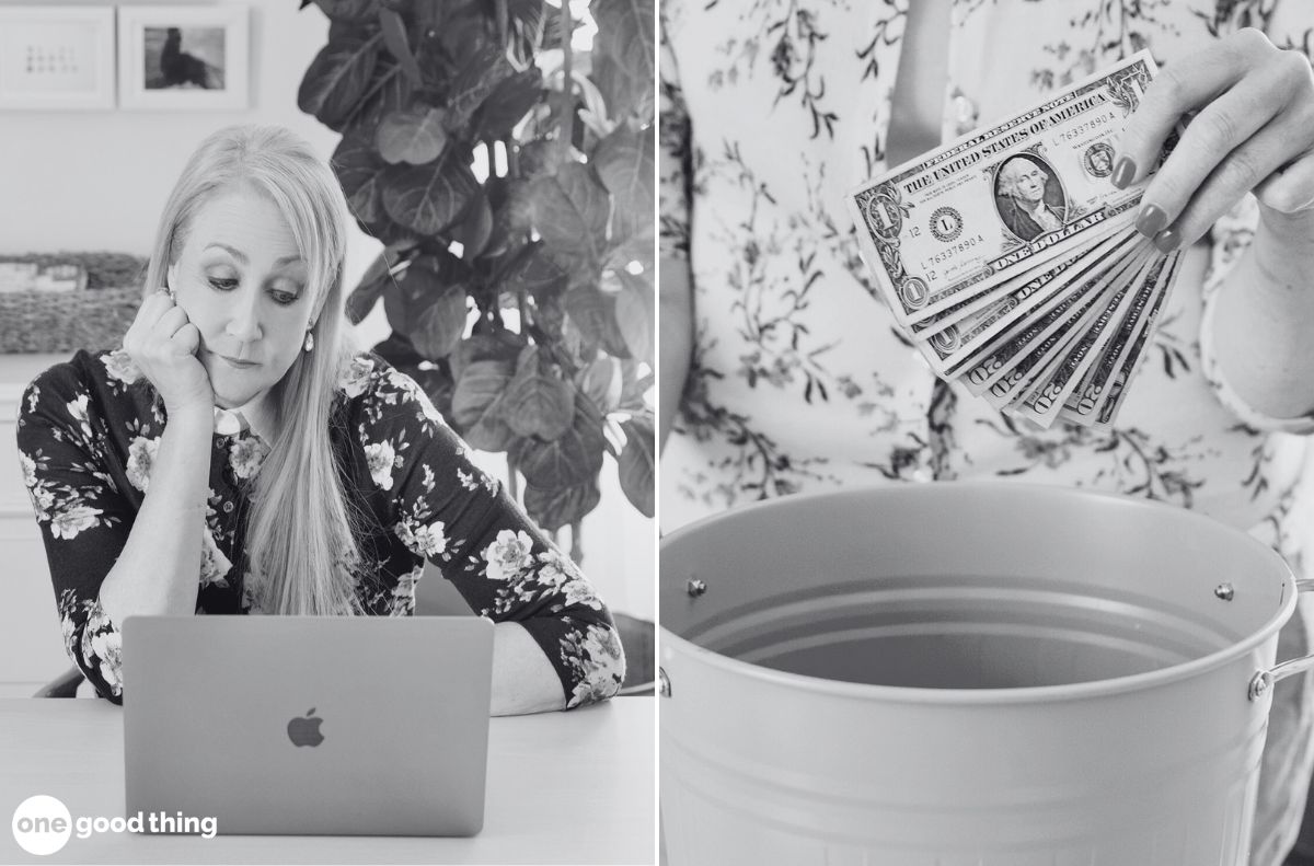 what to do if you're scammed_5 A woman sits at a desk using a laptop and appears thoughtful; next to her, a hand places several dollar bills into a bucket, hinting at the unsettling realization that you've been scammed.