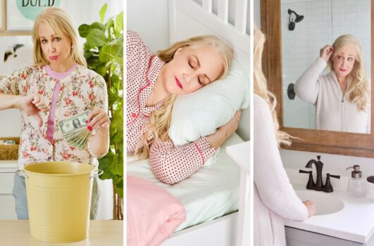 Woman dropping money into a bucket, sleeping in bed, and privately reflecting on her embarrassing skincare confessions in the bathroom mirror.