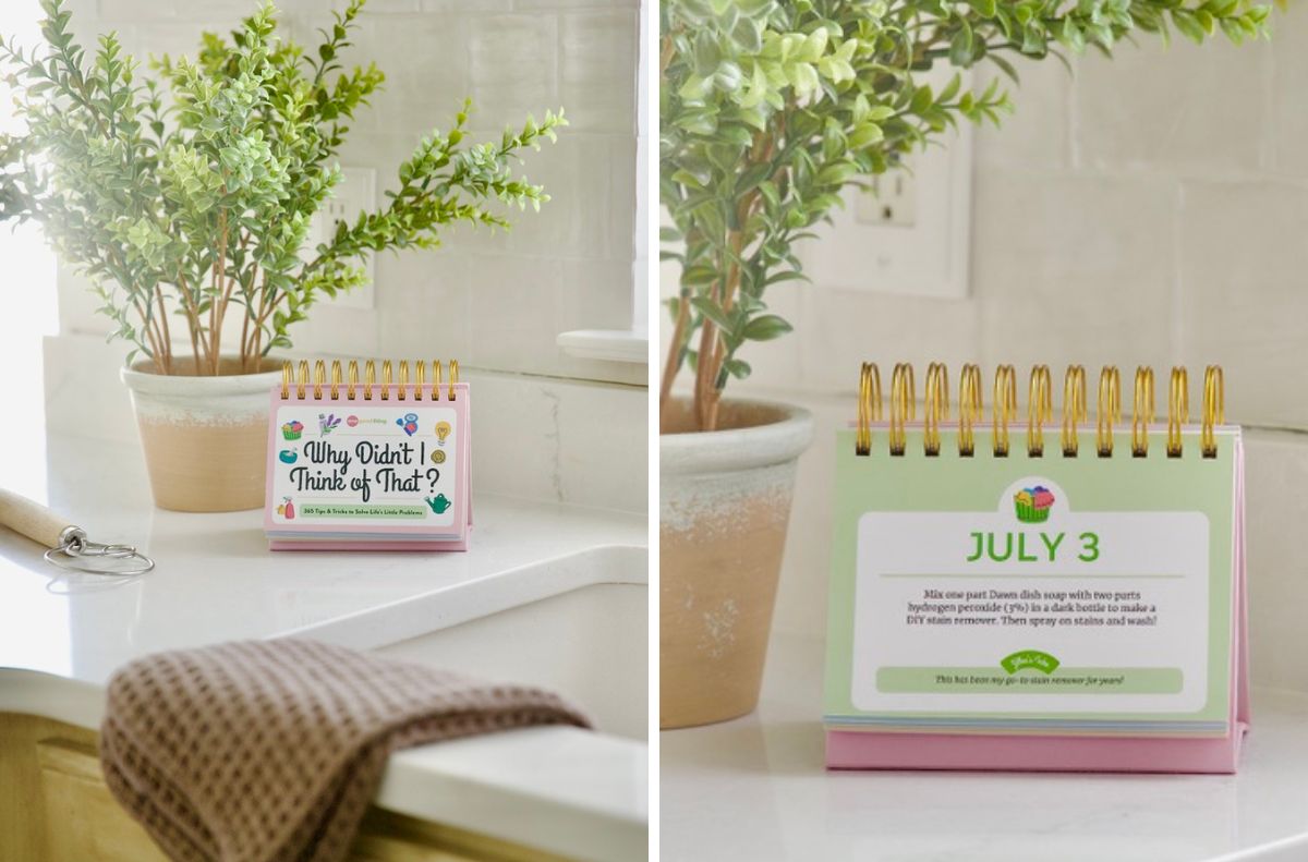 Two Photo Collage A spiral flip calendar sits on a kitchen counter beside a potted plant. One side shows the cover, while the other reveals a July 3 page featuring clever tips that make you think,