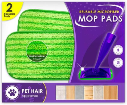 Packaging for reusable microfiber mop pads compatible with Swiffer, showing two green pads, a mop, and icons indicating dual scrubbing power and pet hair approval for various floor types.