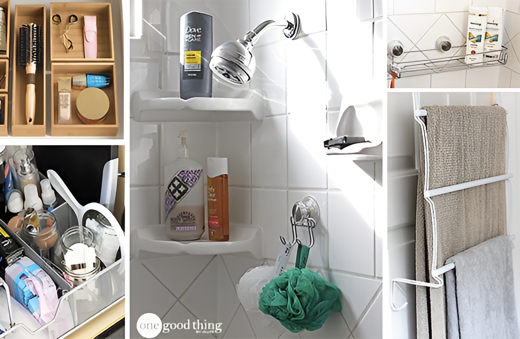 Collage of an organized bathroom: drawer dividers with toiletries, shower shelves lined with products, a hanging shower caddy, and neatly folded towels on a wall rack.