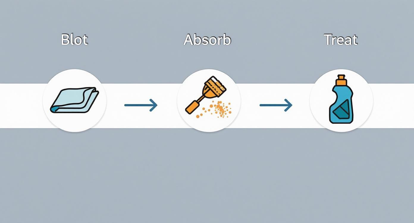 A three-step how to remove grease stains process: blot with a cloth, absorb with powder, and treat with cleaning solution, shown with icons and arrows.