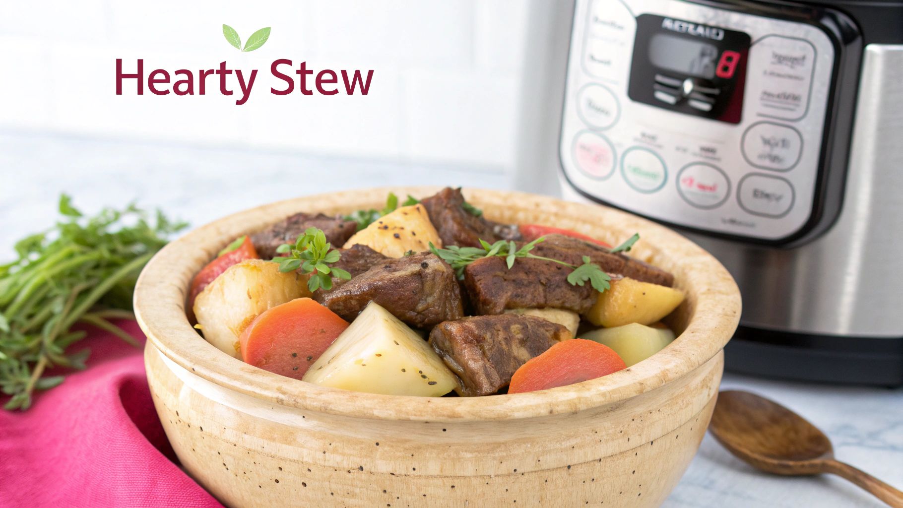 A bowl of beef stew with carrots and potatoes sits in front of an Instant Pot, with fresh herbs and a pink cloth nearby. The words 