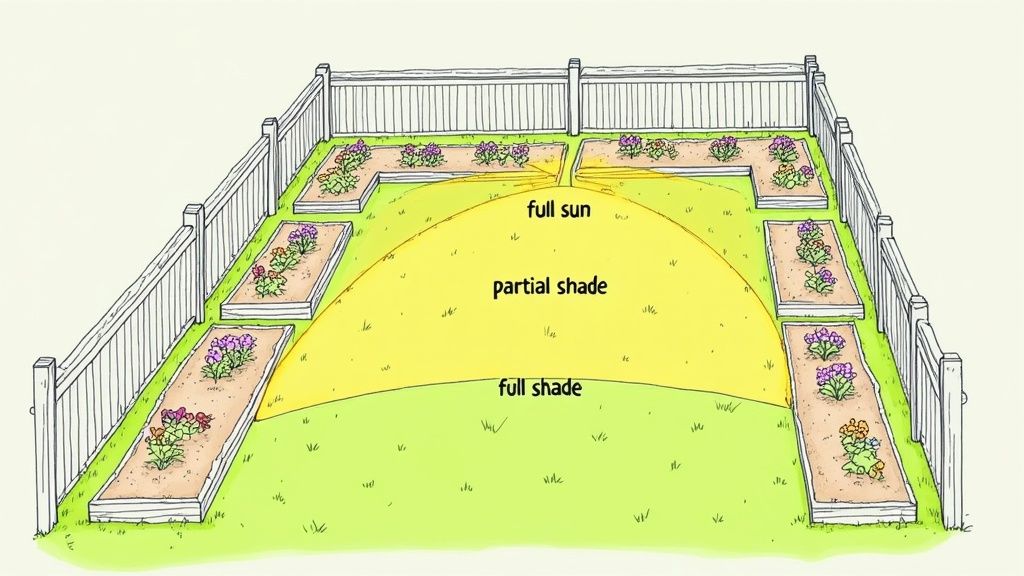 A fenced garden with raised beds features labeled zones showing areas of full sun, partial shade, and full shade—perfect for exploring gardening tips for beginners.