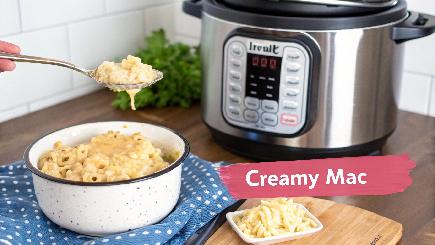 A bowl of creamy macaroni and cheese sits on a blue polka-dot napkin, with a spoonful held above, next to an Instant Pot—one of the best easy Instant Pot recipes for quick comfort on a busy night.