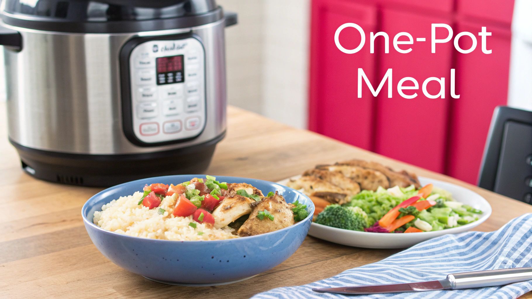 A bowl of rice with chicken and vegetables sits on a table next to a plate of salad and an Instant Pot. Text on image reads 
