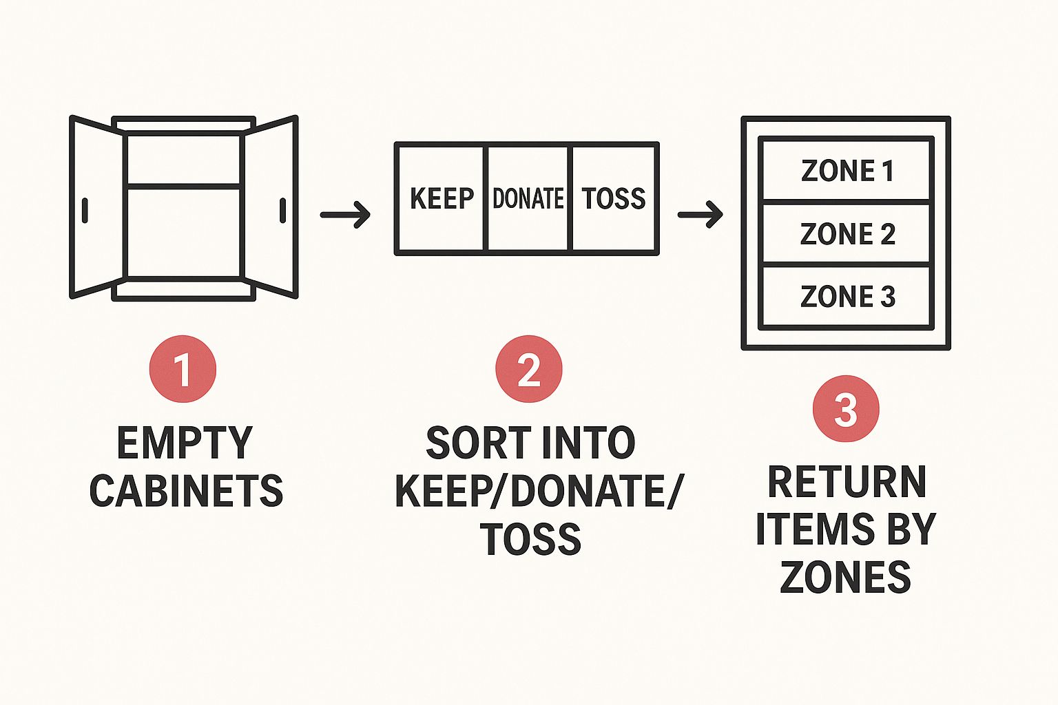 Discover how to organize kitchen cabinets with this three-step process: empty the cabinets, sort items into keep/donate/toss, and return everything neatly arranged by zones.