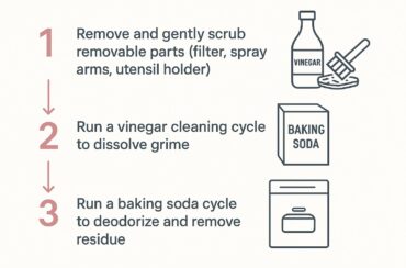 Illustrated step-by-step guide for clean dishwasher naturally using vinegar and baking soda, including removing parts, running a vinegar cycle, then a baking soda cycle—practical dishwasher cleaning tips for a sparkling clean appliance.