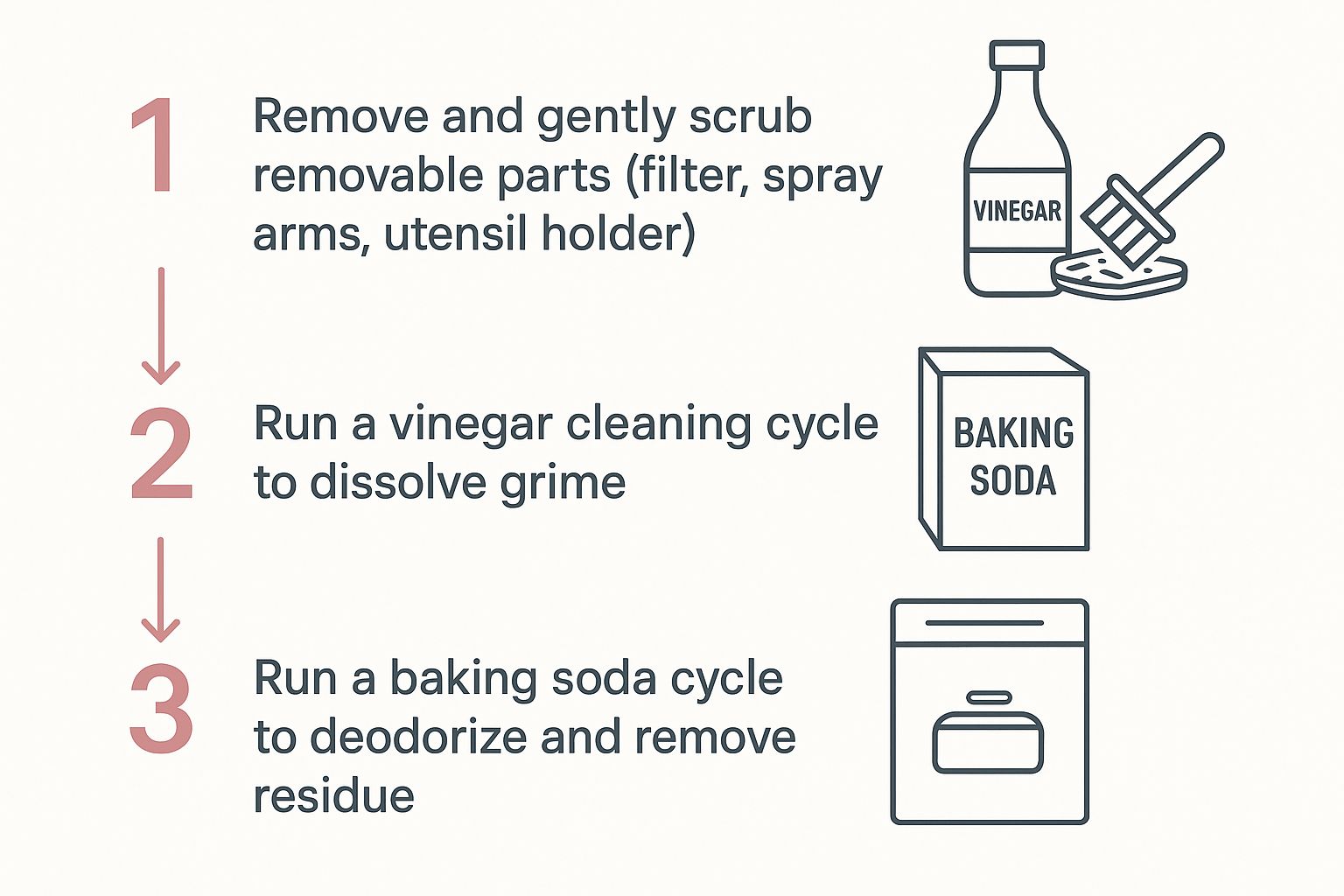 Illustrated step-by-step guide for clean dishwasher naturally using vinegar and baking soda, including removing parts, running a vinegar cycle, then a baking soda cycle—practical dishwasher cleaning tips for a sparkling clean appliance.