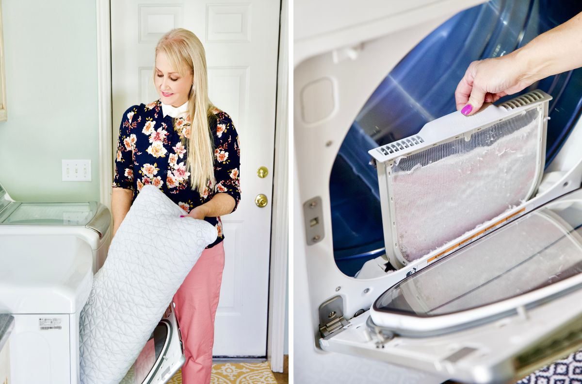 A woman loads a pillow into a washing machine; on the right, a hand removes lint from a dryer filter, highlighting the benefits of wool dryer balls in reducing lint and improving laundry freshness.