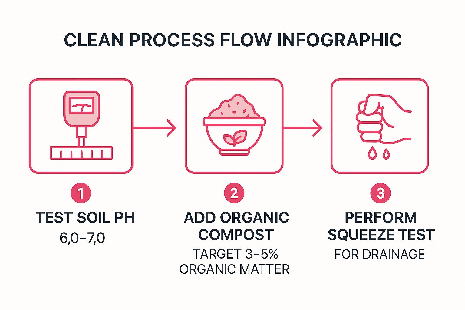 A three-step infographic with gardening tips for beginners: 1. Test soil pH (6.0–7.0), 2. Add organic compost (3–5% organic matter), 3. Perform a squeeze test for proper drainage.