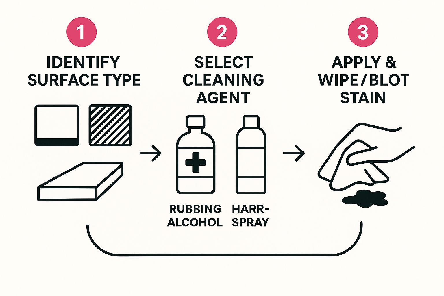 Infographic showing the best way to remove permanent marker in three steps: 1. Identify surface type, 2. Select rubbing alcohol or hairspray, 3. Apply and wipe or blot stain.