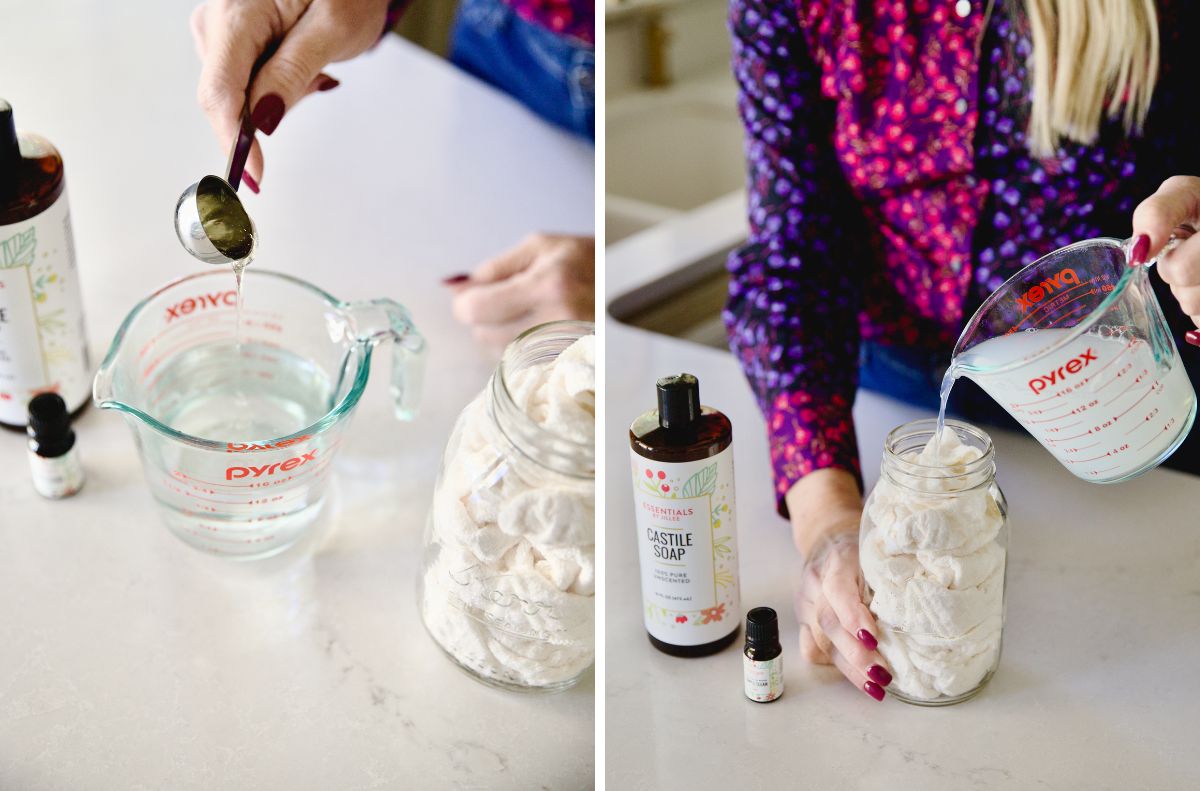 Two images show a person making homemade cleaning wipes, highlighting castile soap uses with a liquid mixture in a Pyrex measuring cup, a jar of cloths, a bottle of castile soap, and an essential oil bottle.