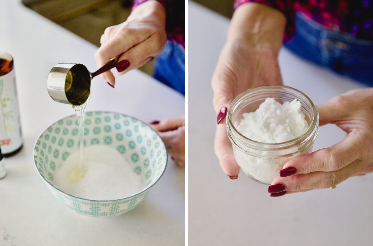 A person pours liquid from a measuring cup into a bowl of white powder while holding a small jar—perhaps preparing a DIY cleaning solution and exploring castile soap uses in homemade recipes.